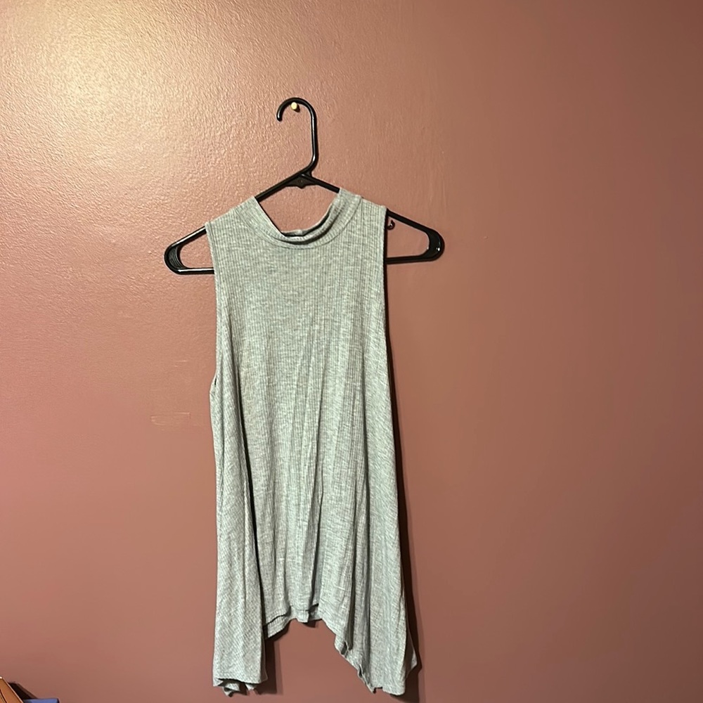 Grey, high neck, flowing sides tank top.